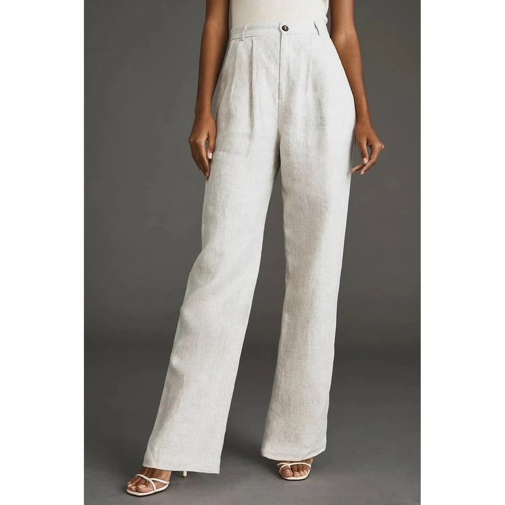 Reformation Mason Linen Wide Leg Pants 6 Oatmeal High Rise Pleated 100% Linen